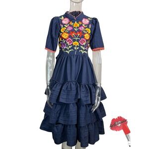 Vintage Vestir Charro‎ Dress Women No Size Tag Navy Blue Floral Embroidery Tired